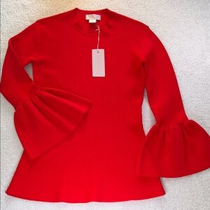 Rachel Parcell Vibrant Red Knit Top with Flared Ruffle Sleeves NWT